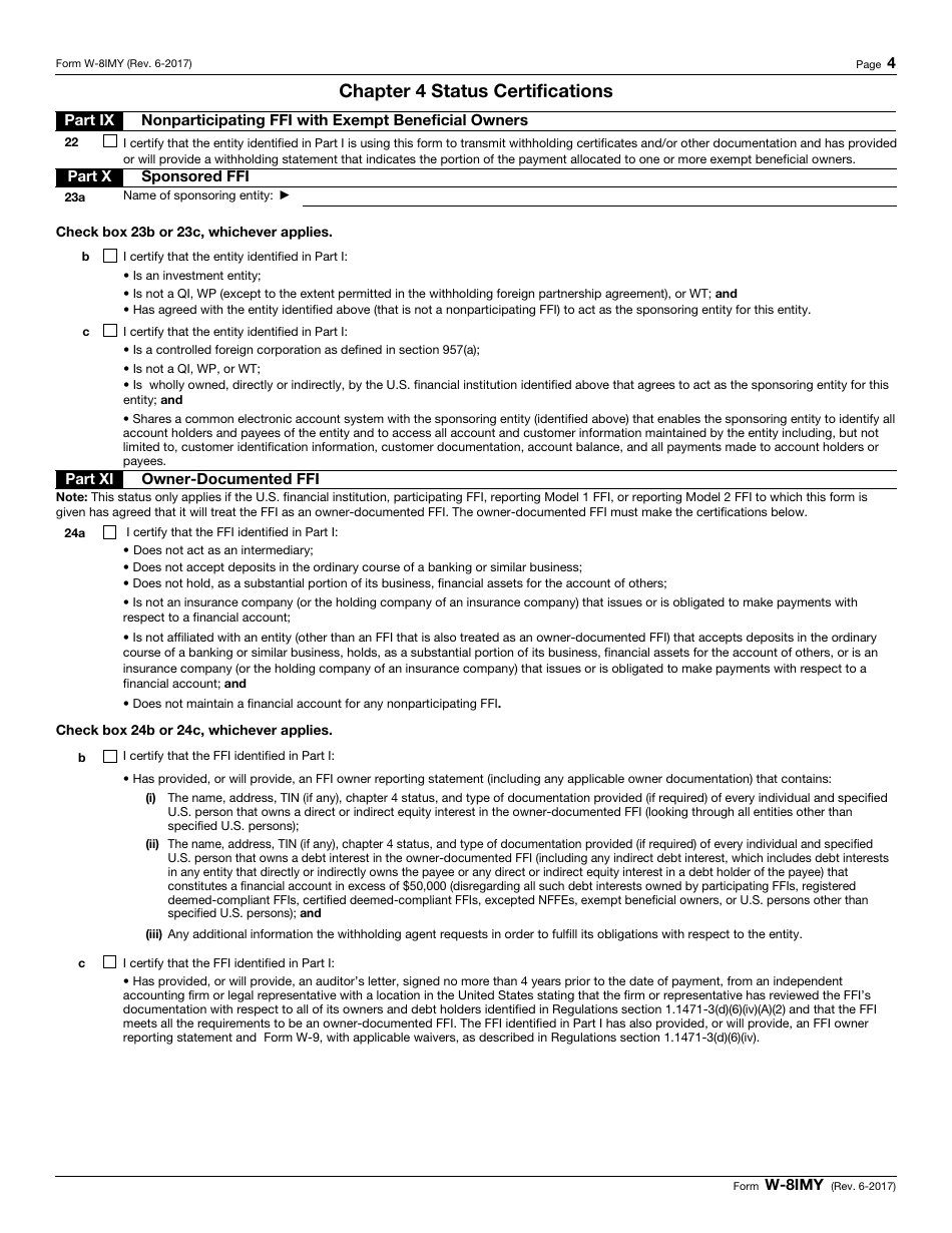 IRS Form W-8IMY Certificate of Foreign Intermediary, Foreign Flow-Through Entity, or Certain U.S. Branches for United States Tax Withholding and Reporting, Page 4