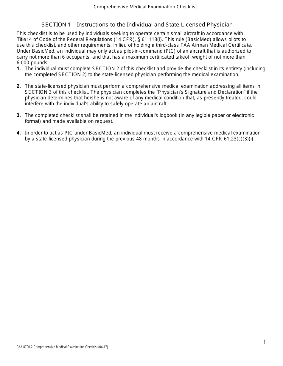 FAA Form FAA8700-2 Comprehensive Medical Examination Checklist, Page 1