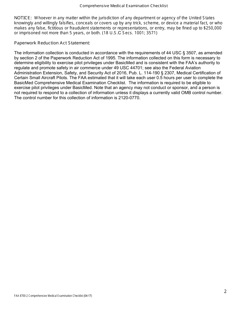 FAA Form FAA8700-2 Comprehensive Medical Examination Checklist, Page 2