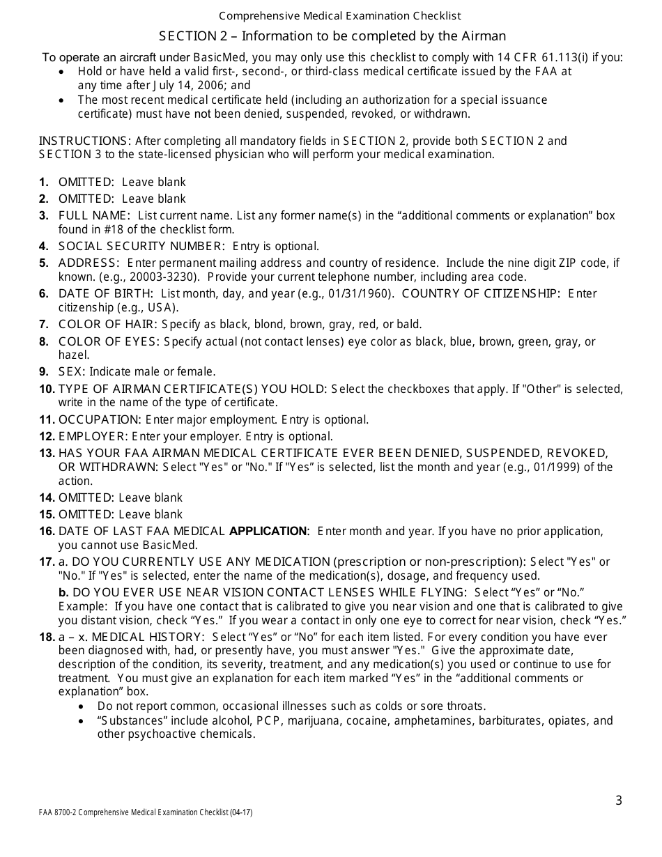 FAA Form FAA8700-2 Comprehensive Medical Examination Checklist, Page 3