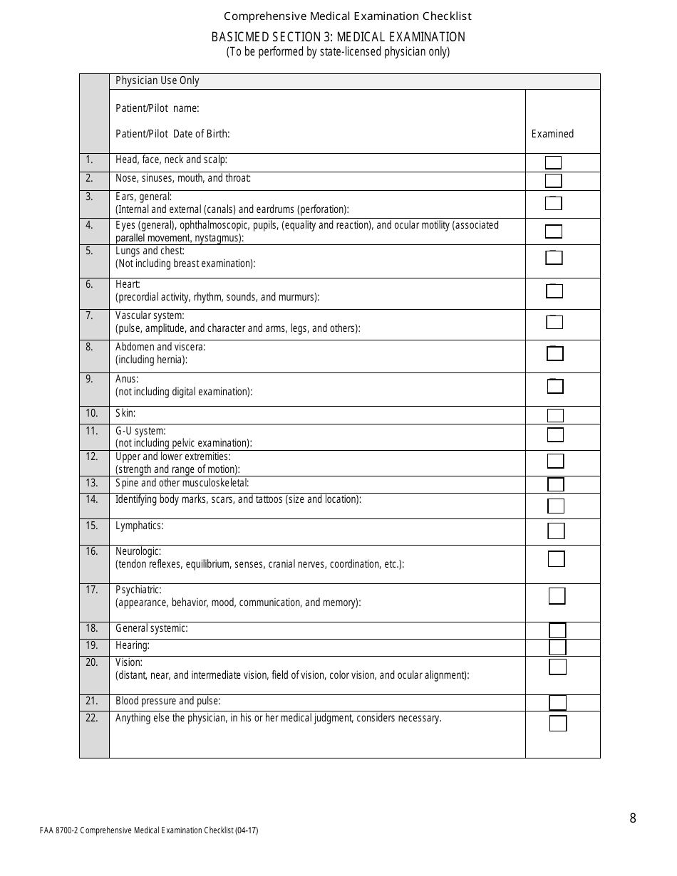 FAA Form FAA8700-2 Comprehensive Medical Examination Checklist, Page 8