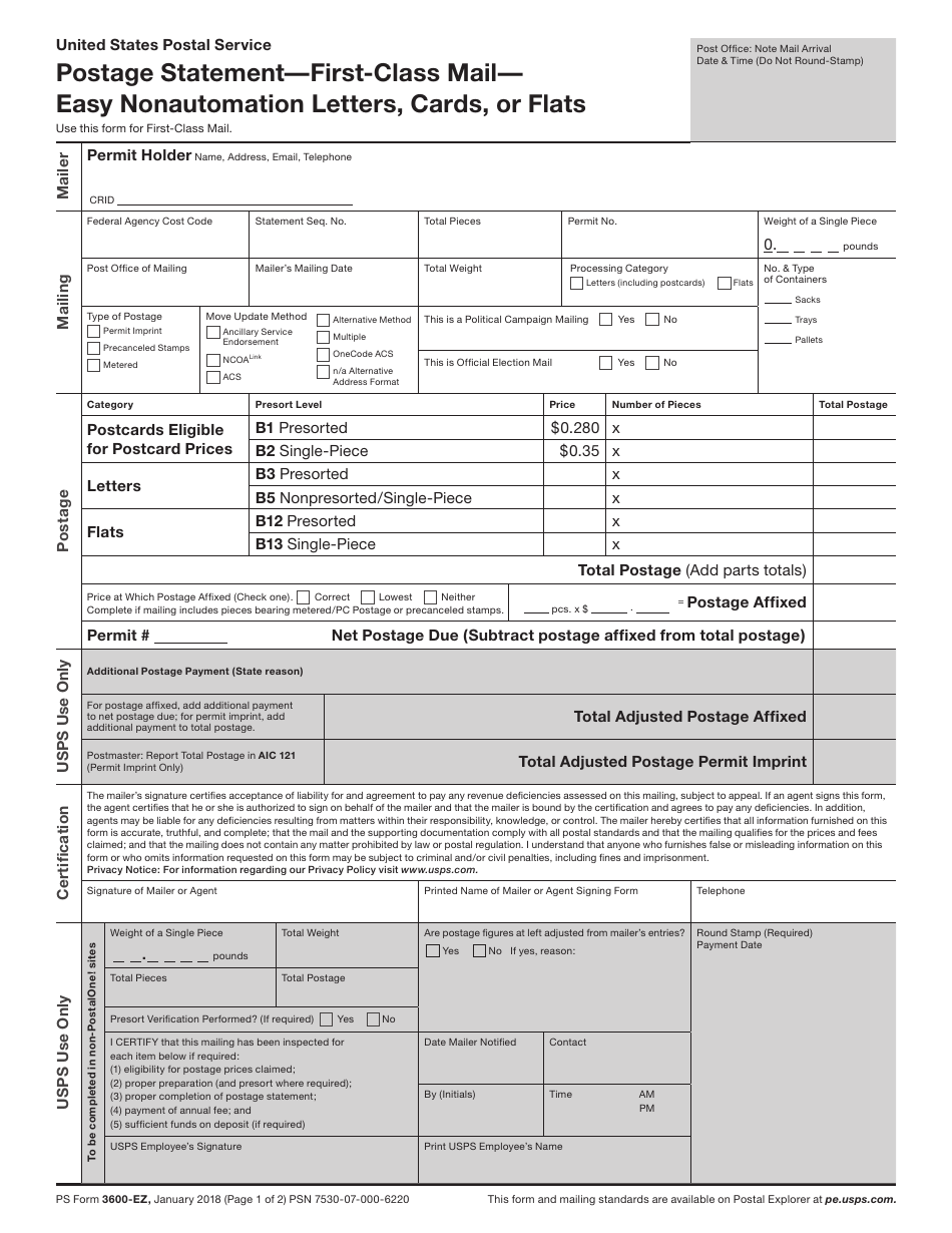 PS Form 3600-EZ Postage Statement ' First-Class Mail ' Easy Nonautomation Letters, Cards, or Flats, Page 1