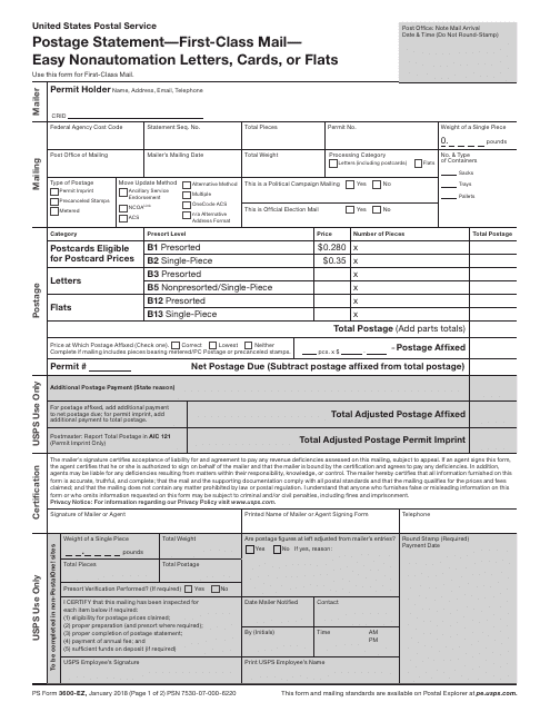 PS Form 3600-EZ Postage Statement " First-Class Mail " Easy Nonautomation Letters, Cards, or Flats