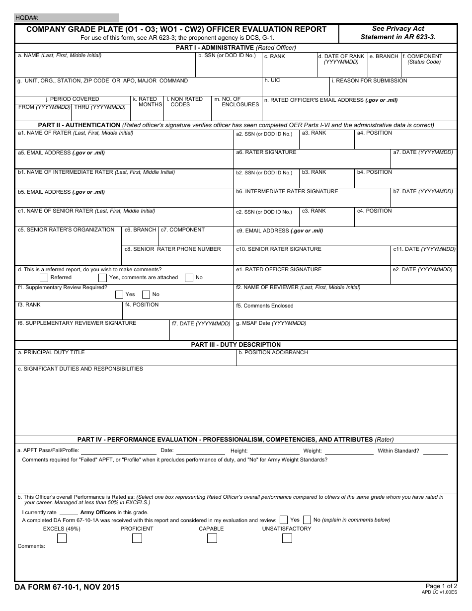 DA Form 67-10-1 Company Grade Plate (O1 - O3; Wo1 - Cw2) Officer Evaluation Report, Page 1