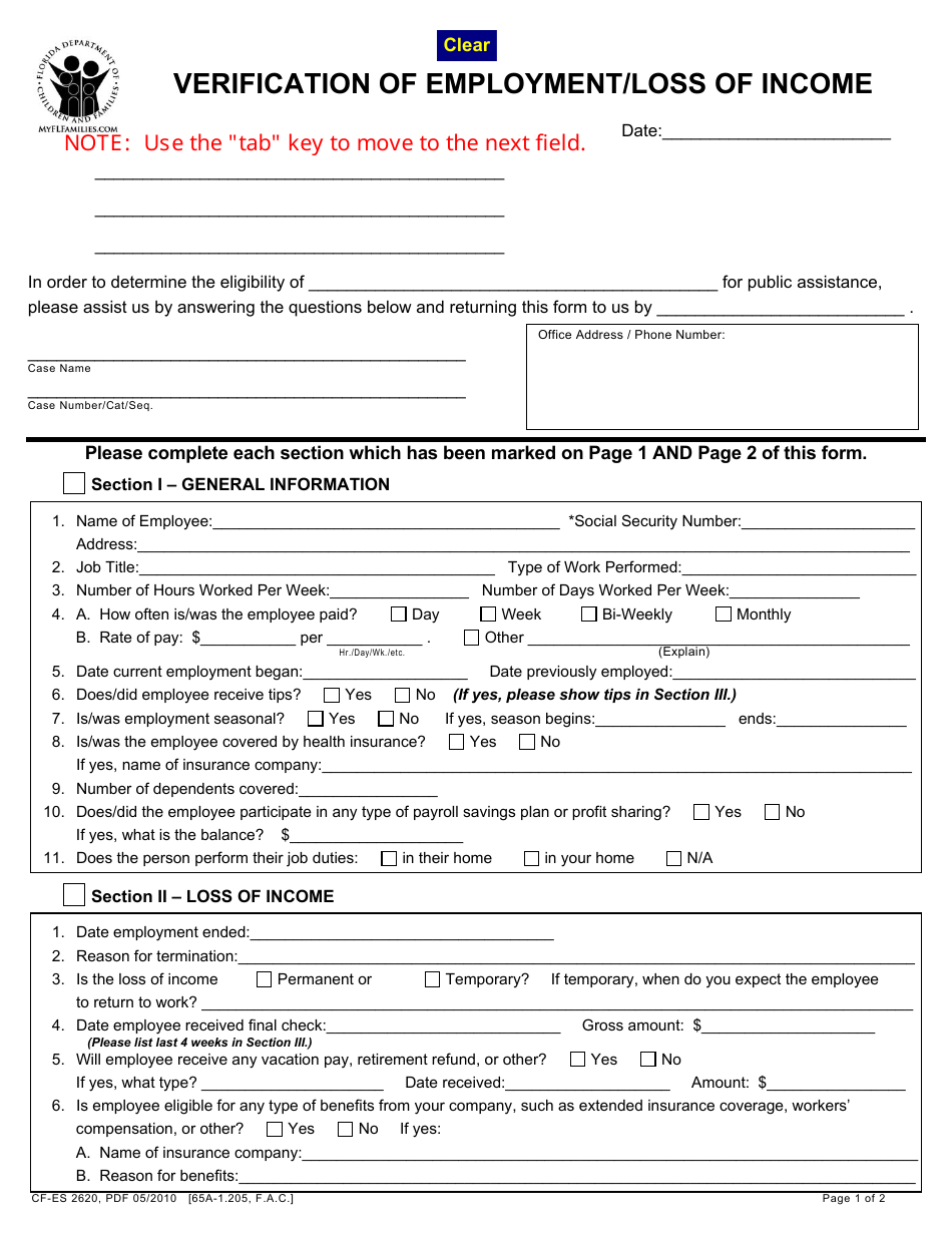 Form CF-ES2620 Verification of Employment / Loss of Income - Florida, Page 1