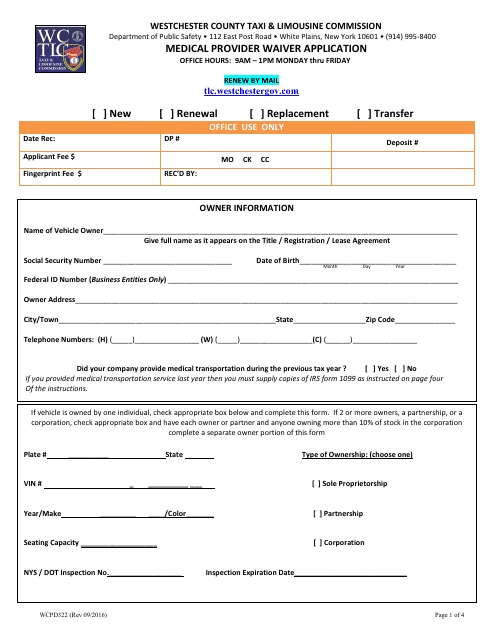 Form WCPD322 Medical Provider Waiver Application - WESTCHESTER COUNTY, New York