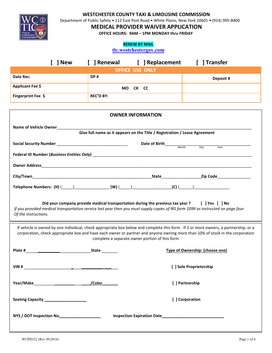 Form WCPD322 Medical Provider Waiver Application - WESTCHESTER COUNTY, New York, Page 1