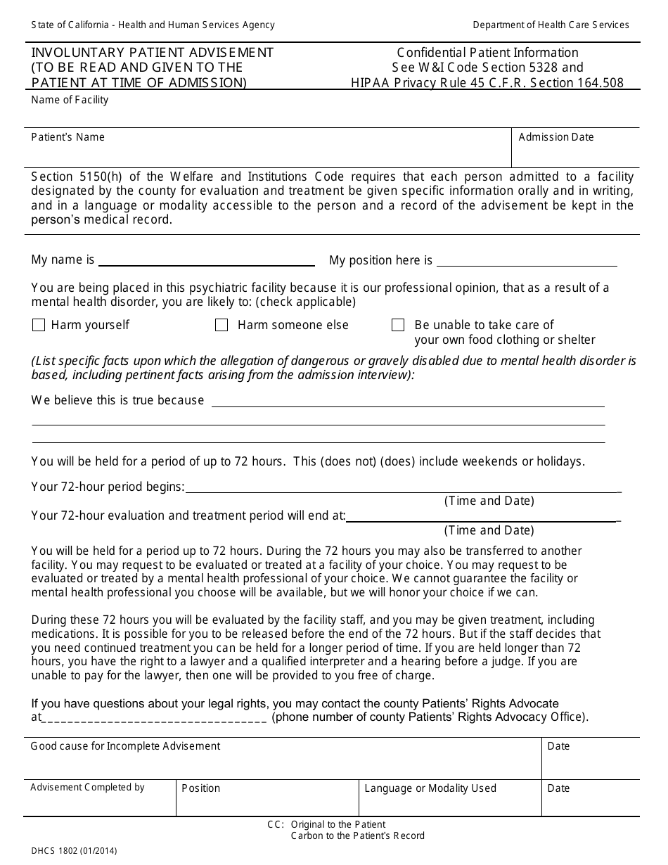 Form DHCS1802 Involuntary Patient Advisement - California, Page 1