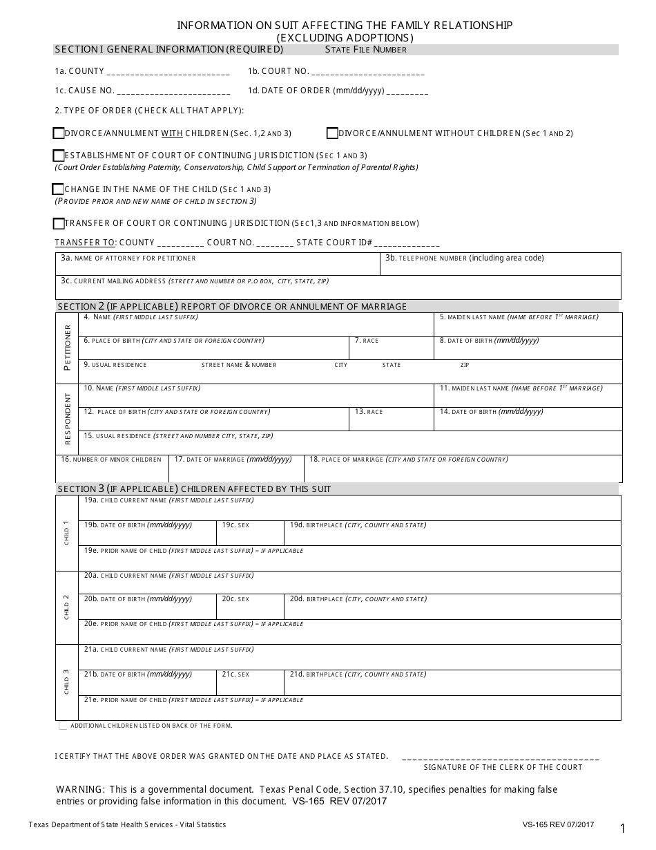 Form VS-165 Information on Suit Affecting the Family Relationship (Excluding Adoptions) - Texas, Page 1