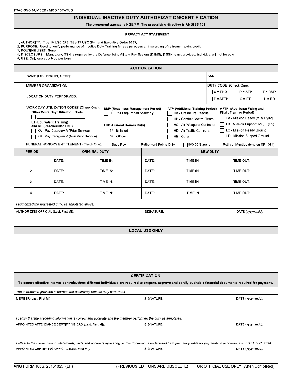 ANG Form 105S Individual Inactive Duty Authorization / Certification, Page 1