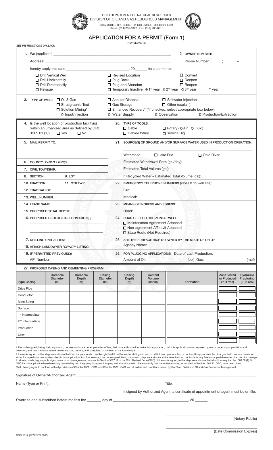 Form 1 (DNR5619) Application for a Permit - Ohio, Page 1