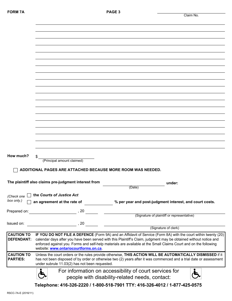 Form 7a Plaintiffs Claim - Ontario, Canada, Page 3