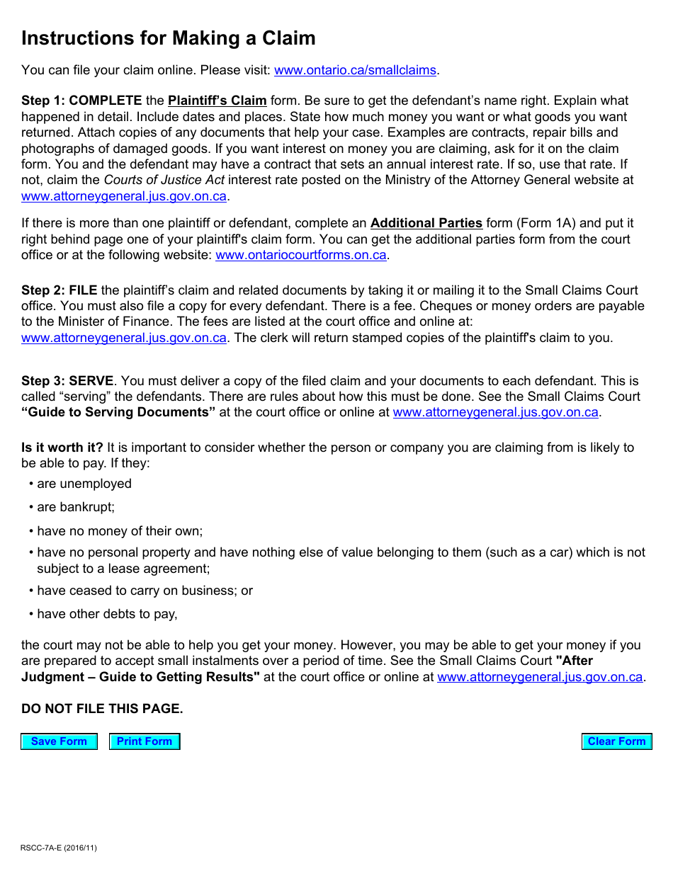 Form 7a Plaintiffs Claim - Ontario, Canada, Page 4