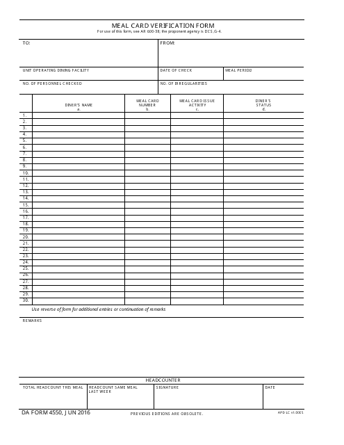 DA Form 4550 Meal Card Verification Form