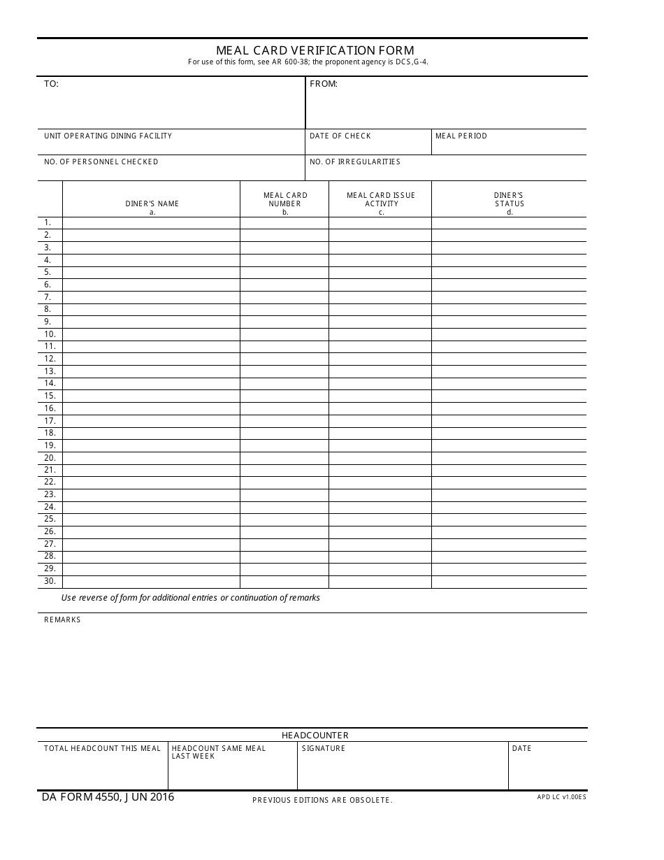 DA Form 4550 Meal Card Verification Form, Page 1