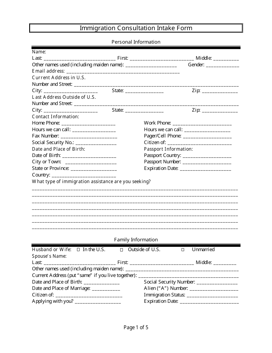 Immigration Consultation Intake Form, Page 1