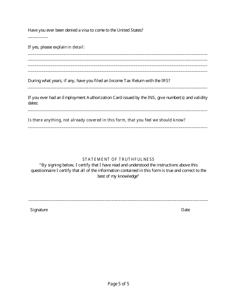 Immigration Consultation Intake Form, Page 5