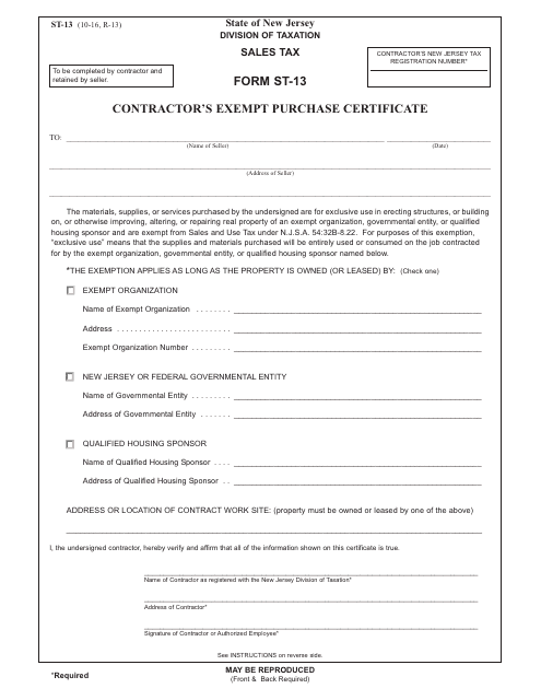 Form ST-13 Contractor's Exempt Purchase Certificate - New Jersey