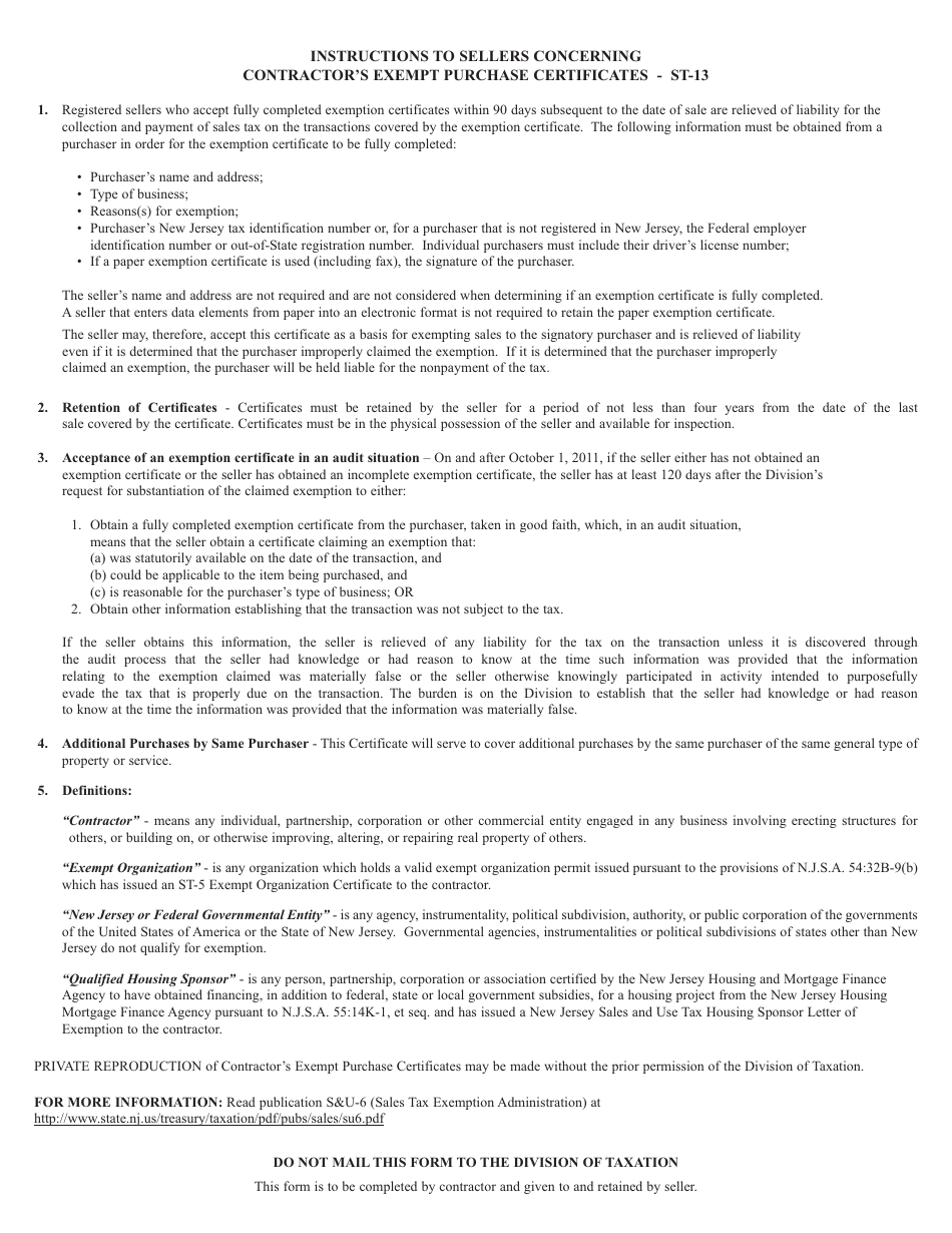 Form ST-13 Contractors Exempt Purchase Certificate - New Jersey, Page 2