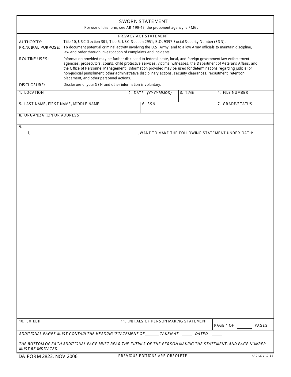 DA Form 2823 Sworn Statement, Page 1