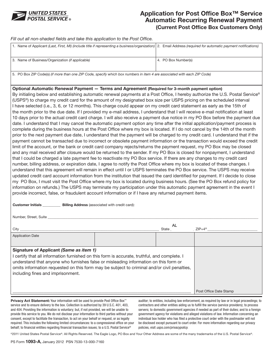 PS Form 1093-A Application for Post Office Box Service Automatic Recurring Renewal Payment, Page 1