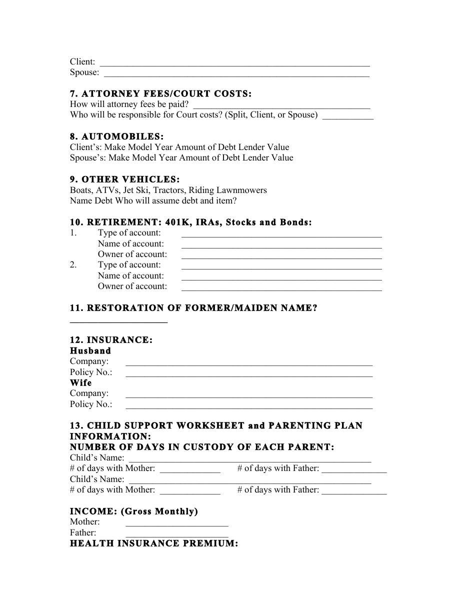 Divorce Client Intake Form, Page 3