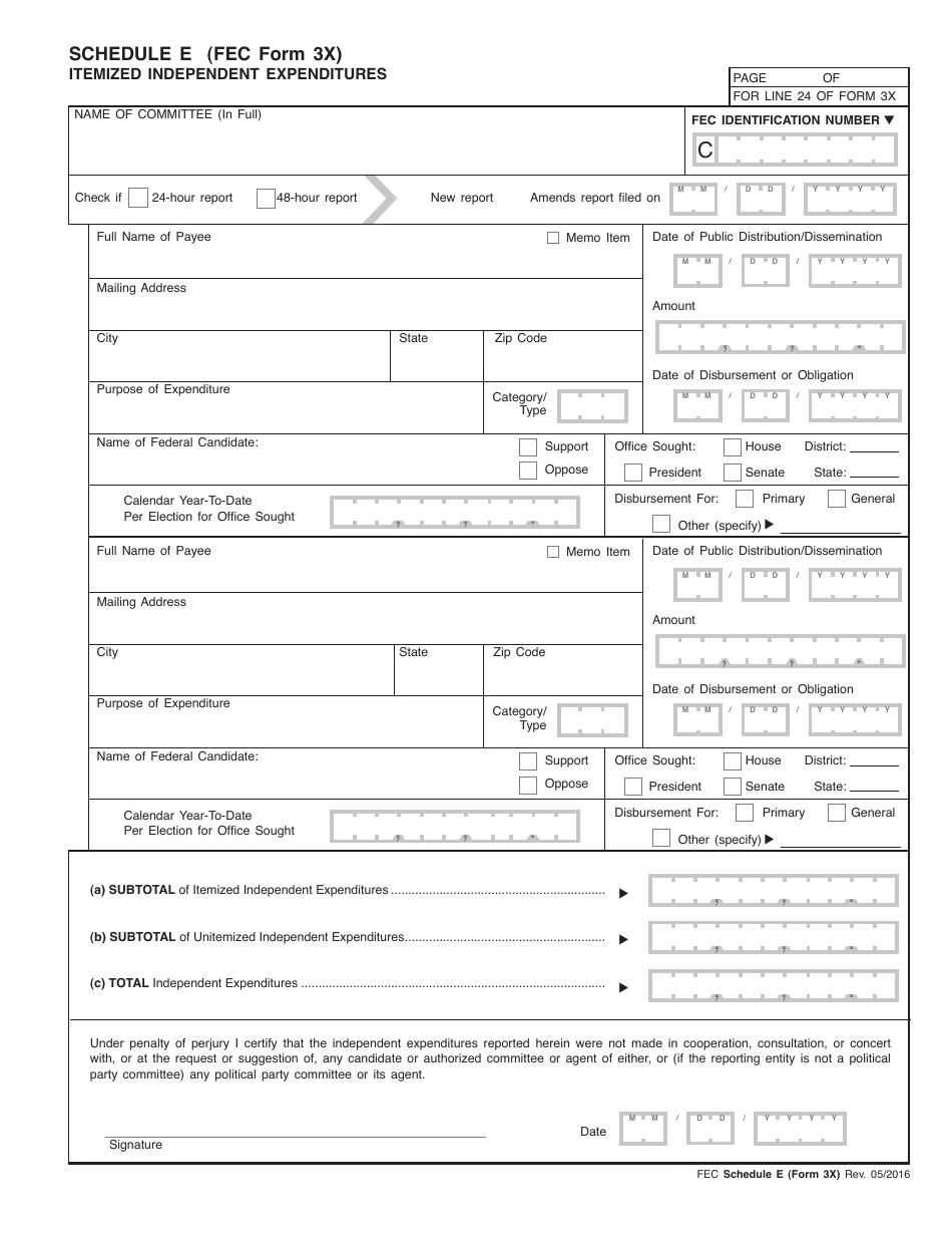 FEC Form 3X Schedule E Itemized Independent Expenditures, Page 1