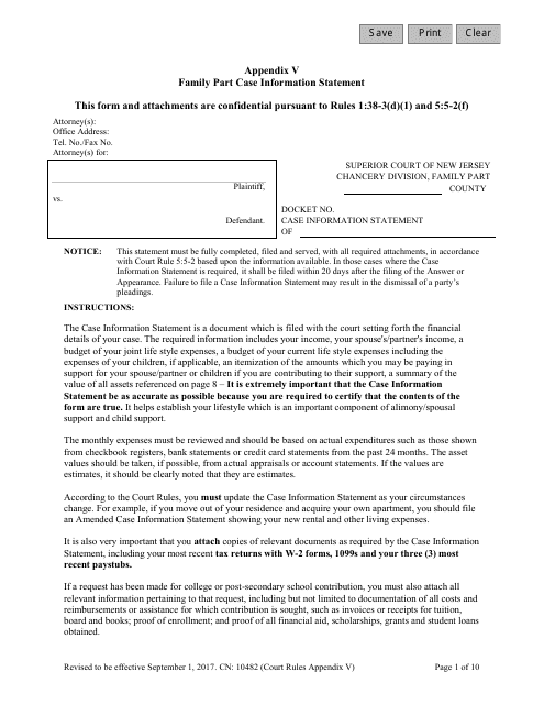 Form 10482 Appendix V Family Part Case Information Statement - New Jersey