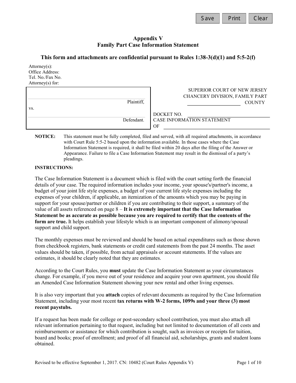 Form 10482 Appendix V Family Part Case Information Statement - New Jersey, Page 1