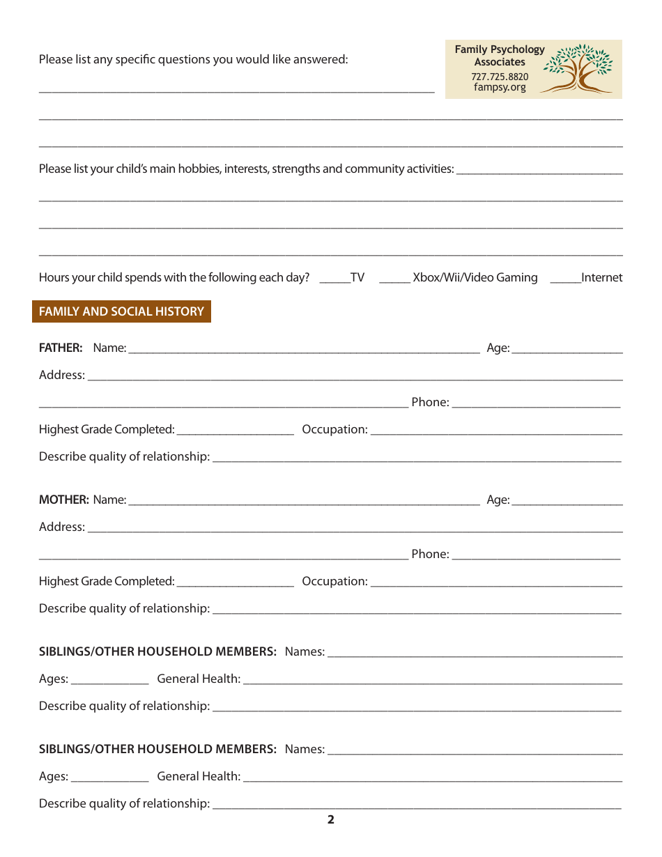 Patient History Form - Family Psychology Associates, Page 2