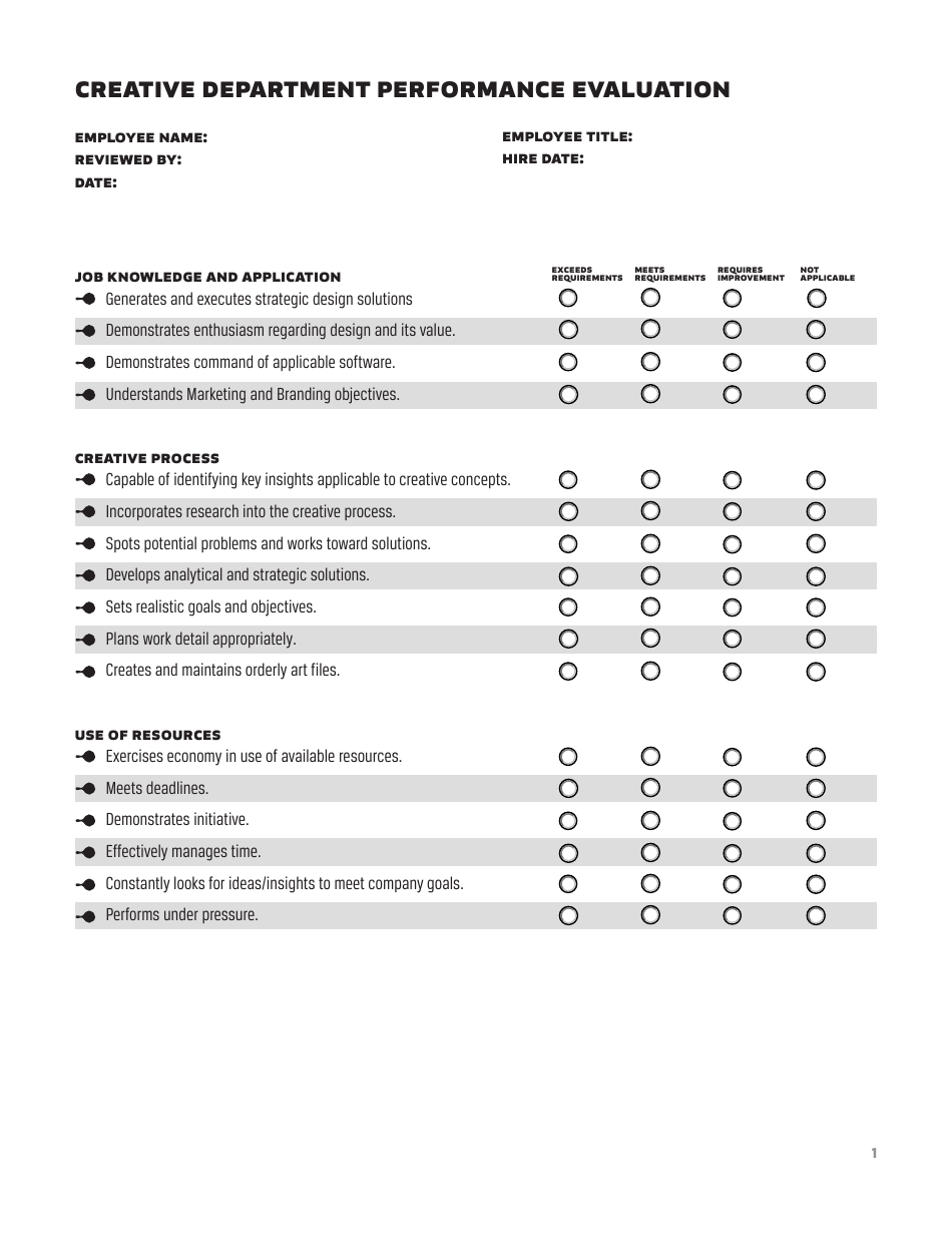 Creative Department Performance Evaluation Form, Page 1