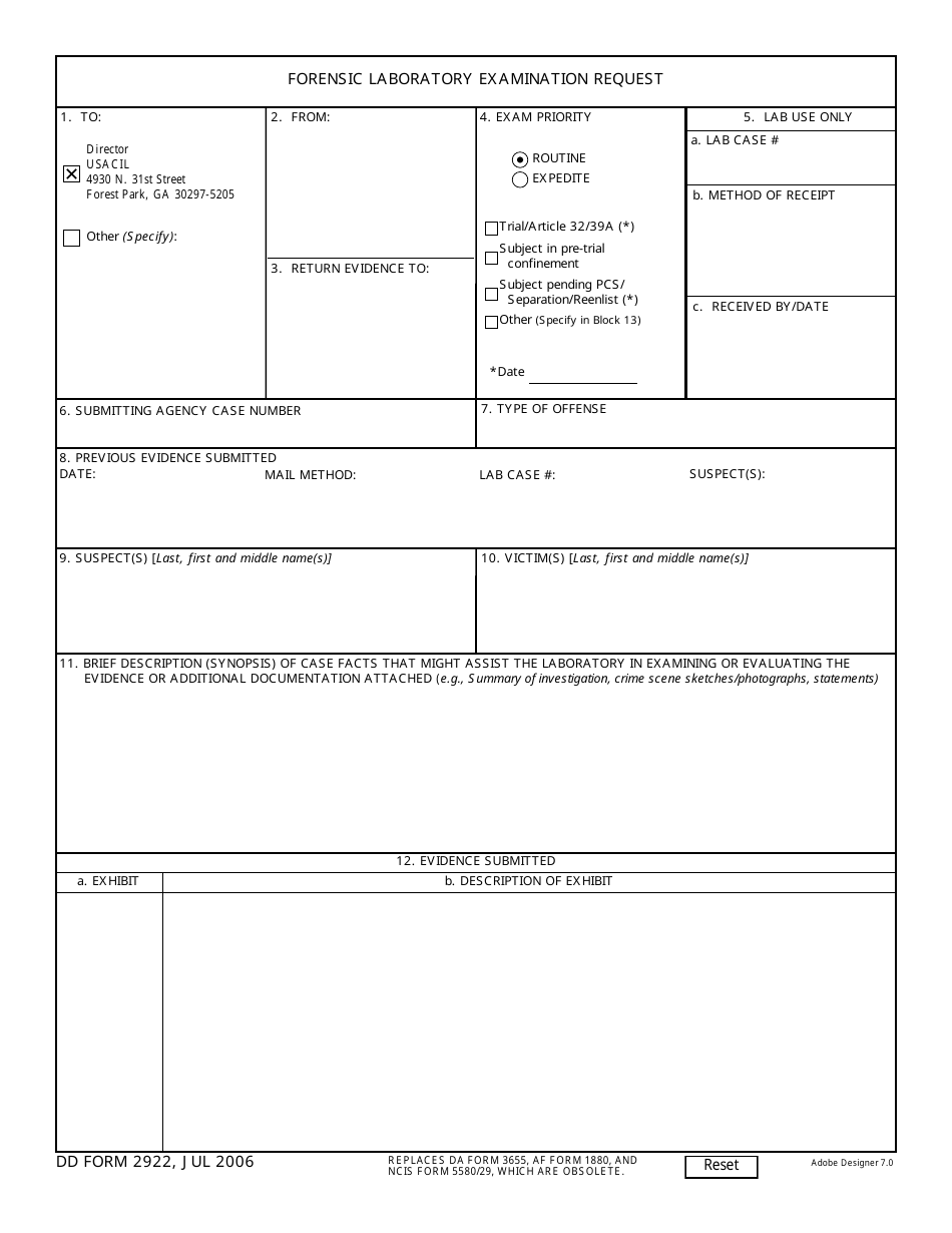 DD Form 2922 Forensic Laboratory Examination Request, Page 1