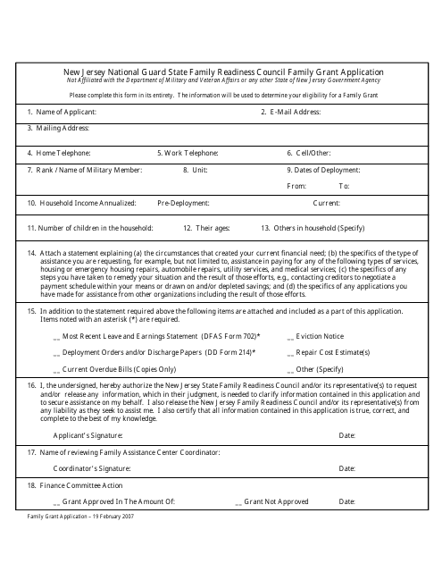 New Jersey National Guard State Family Readiness Council Family Grant Application Form - New Jersey Download Pdf