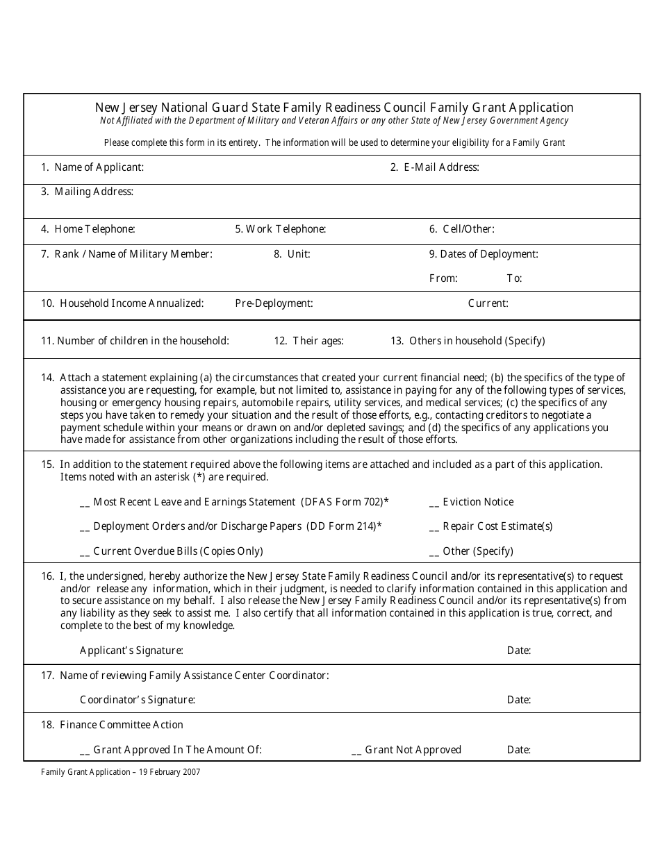 New Jersey National Guard State Family Readiness Council Family Grant Application Form - New Jersey, Page 1