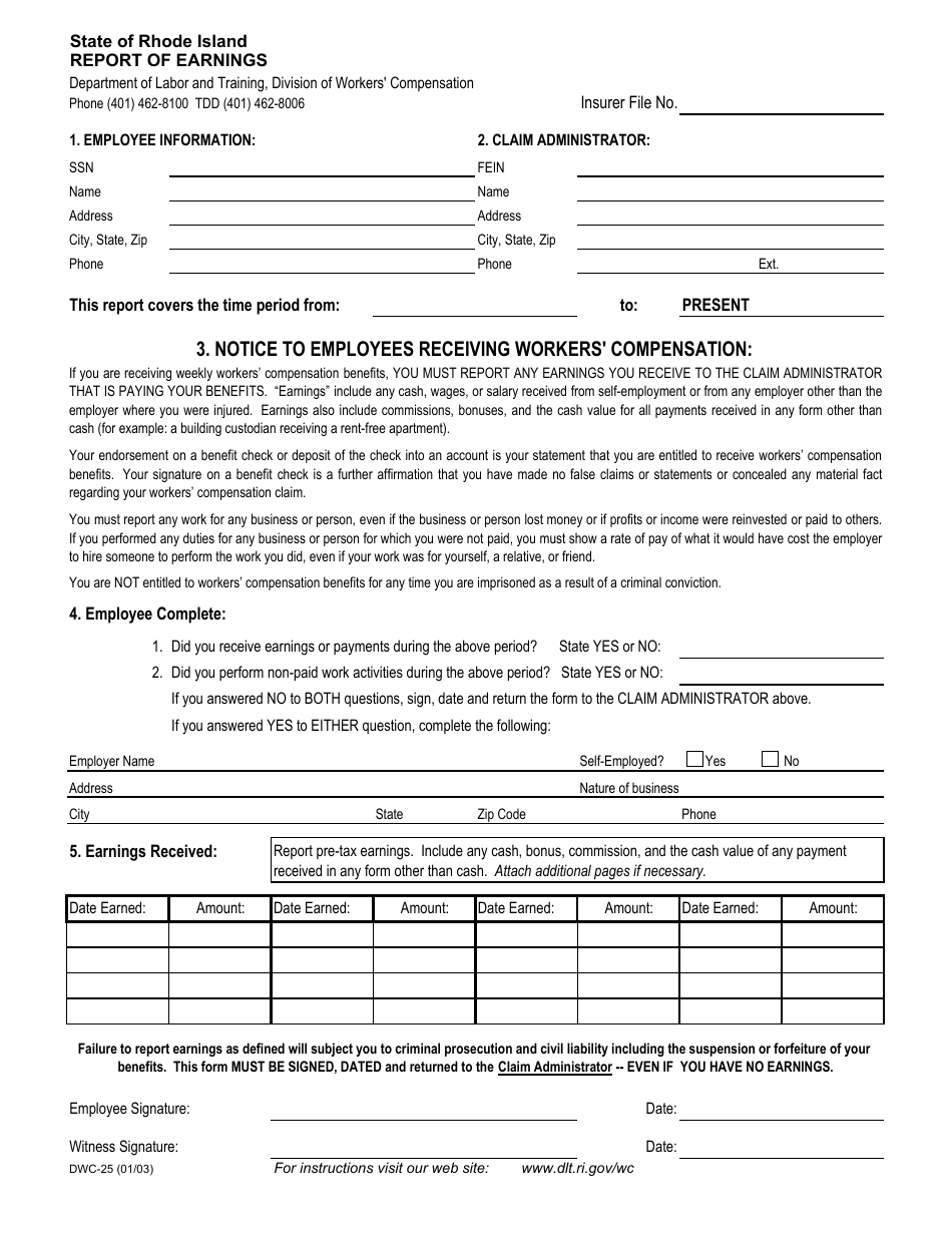 Form DWC-25 Report of Earnings - Rhode Island, Page 1