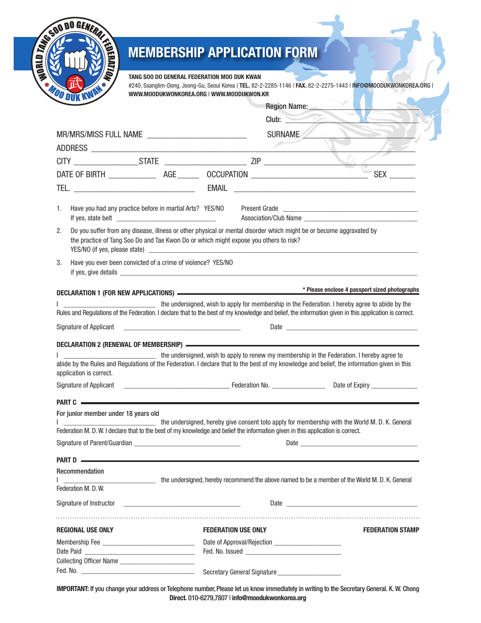 Membership Application Form - Tang Soo Do General Federation Moo Duk Kwan, Page 1