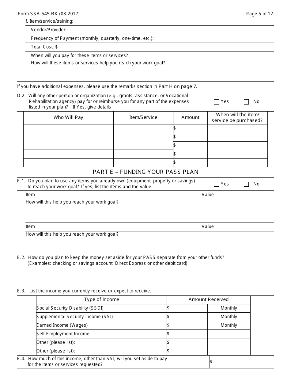 Form SSA-545-BK Plan to Achieve Self-support (Pass), Page 5