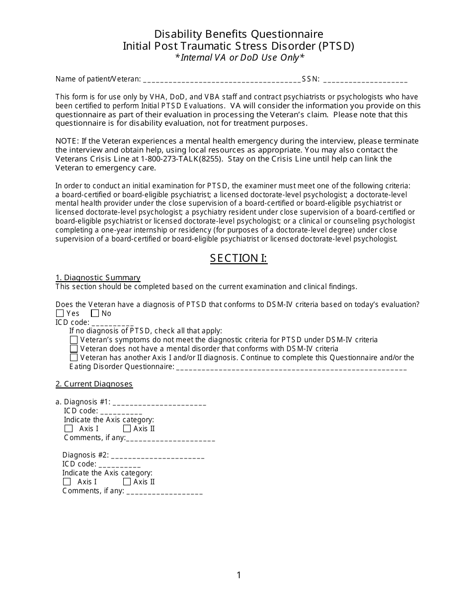 Disability Benefits Questionnaire - Initial Post Traumatic Stress Disorder (PTSD), Page 1