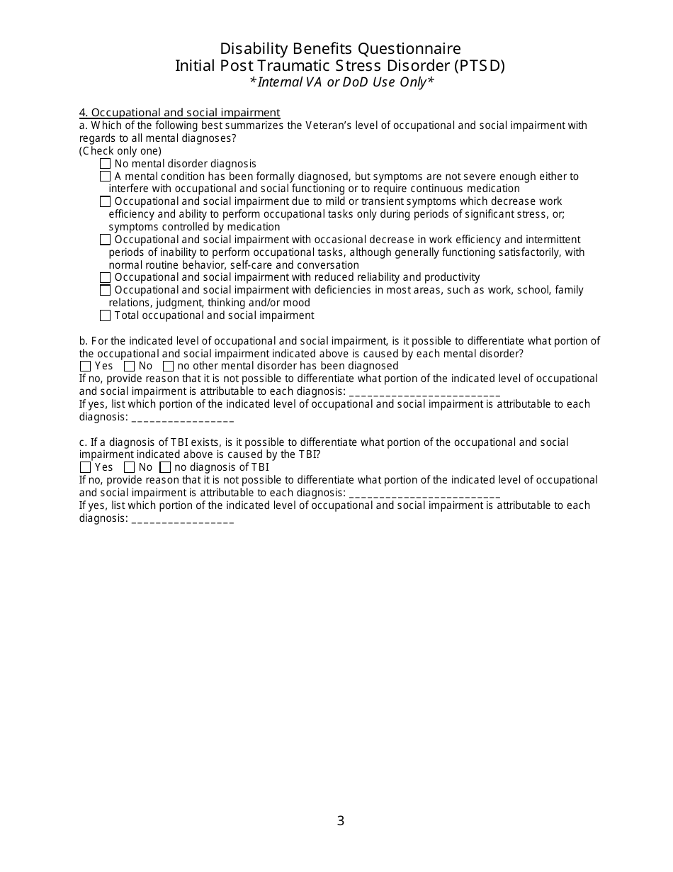 Disability Benefits Questionnaire - Initial Post Traumatic Stress Disorder (PTSD), Page 3