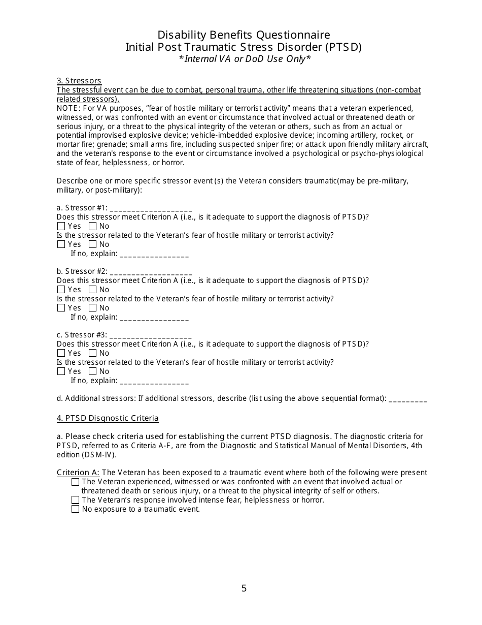 Disability Benefits Questionnaire - Initial Post Traumatic Stress Disorder (PTSD), Page 5