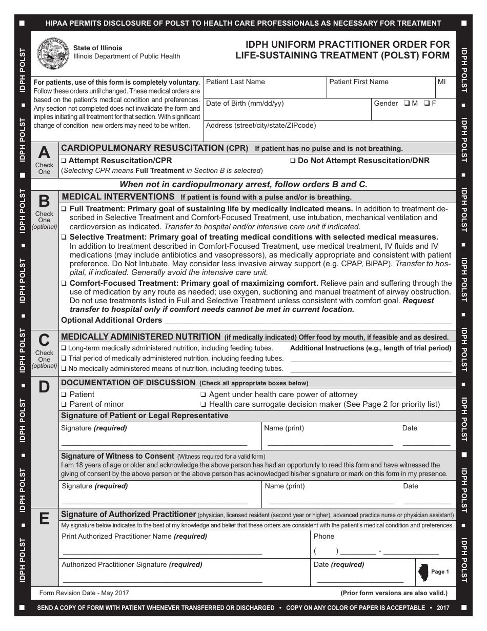 Form IOCI17-564 Idph Uniform Practitioner Order for Life-Sustaining Treatment (Polst) Form - Illinois, Page 1