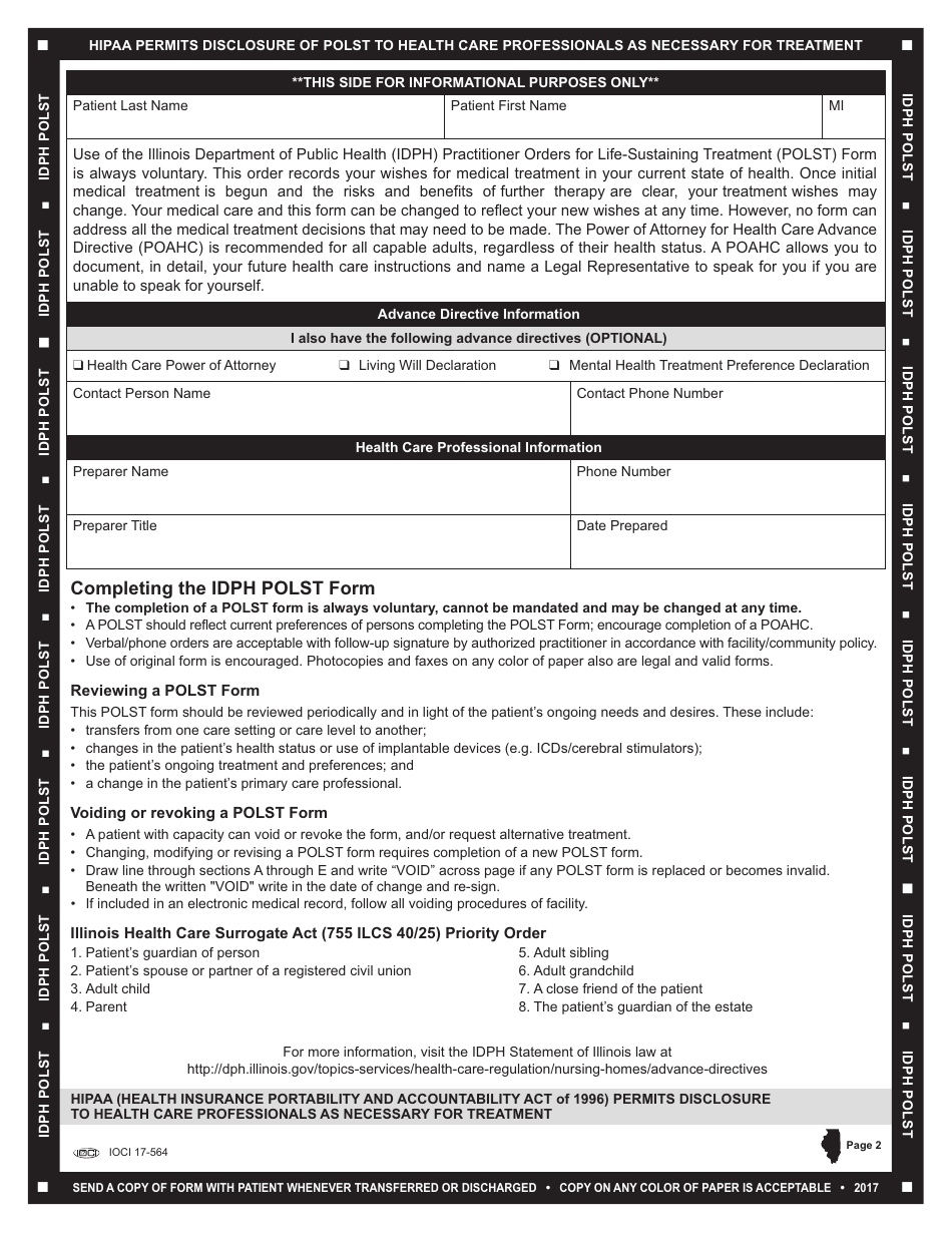 Form IOCI17-564 Idph Uniform Practitioner Order for Life-Sustaining Treatment (Polst) Form - Illinois, Page 2