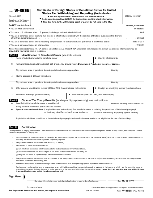 IRS Form W-8BEN  Printable Pdf