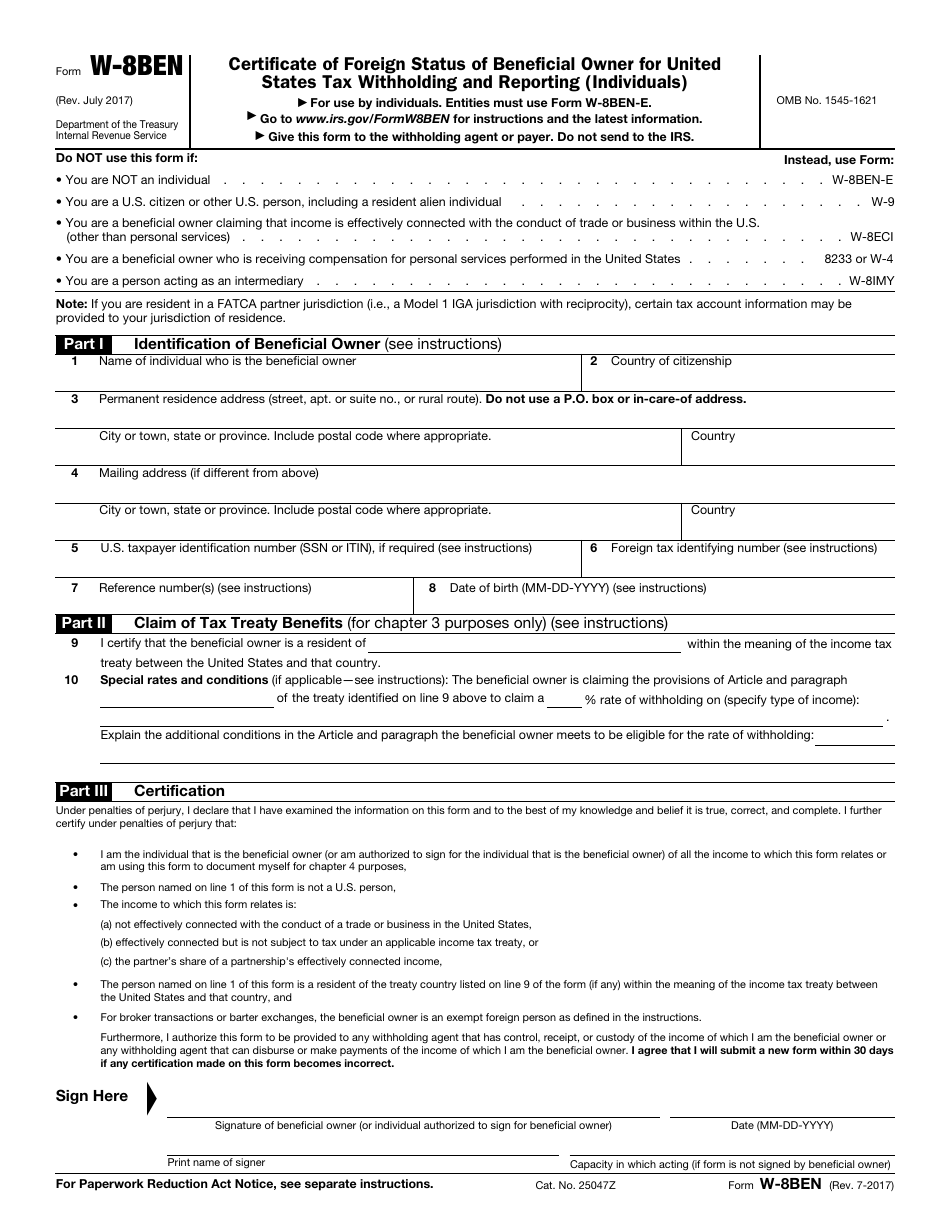 IRS Form W-8BEN Certificate of Foreign Status of Beneficial Owner for United States Tax Withholding and Reporting (Individuals), Page 1
