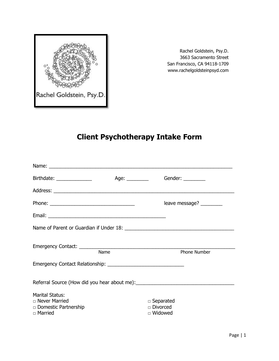 Client Psychotherapy Intake Form - Rachel Goldstein, Psy. D., Page 1