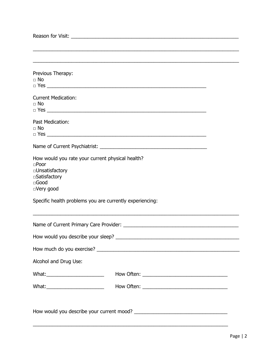 Client Psychotherapy Intake Form - Rachel Goldstein, Psy. D., Page 2