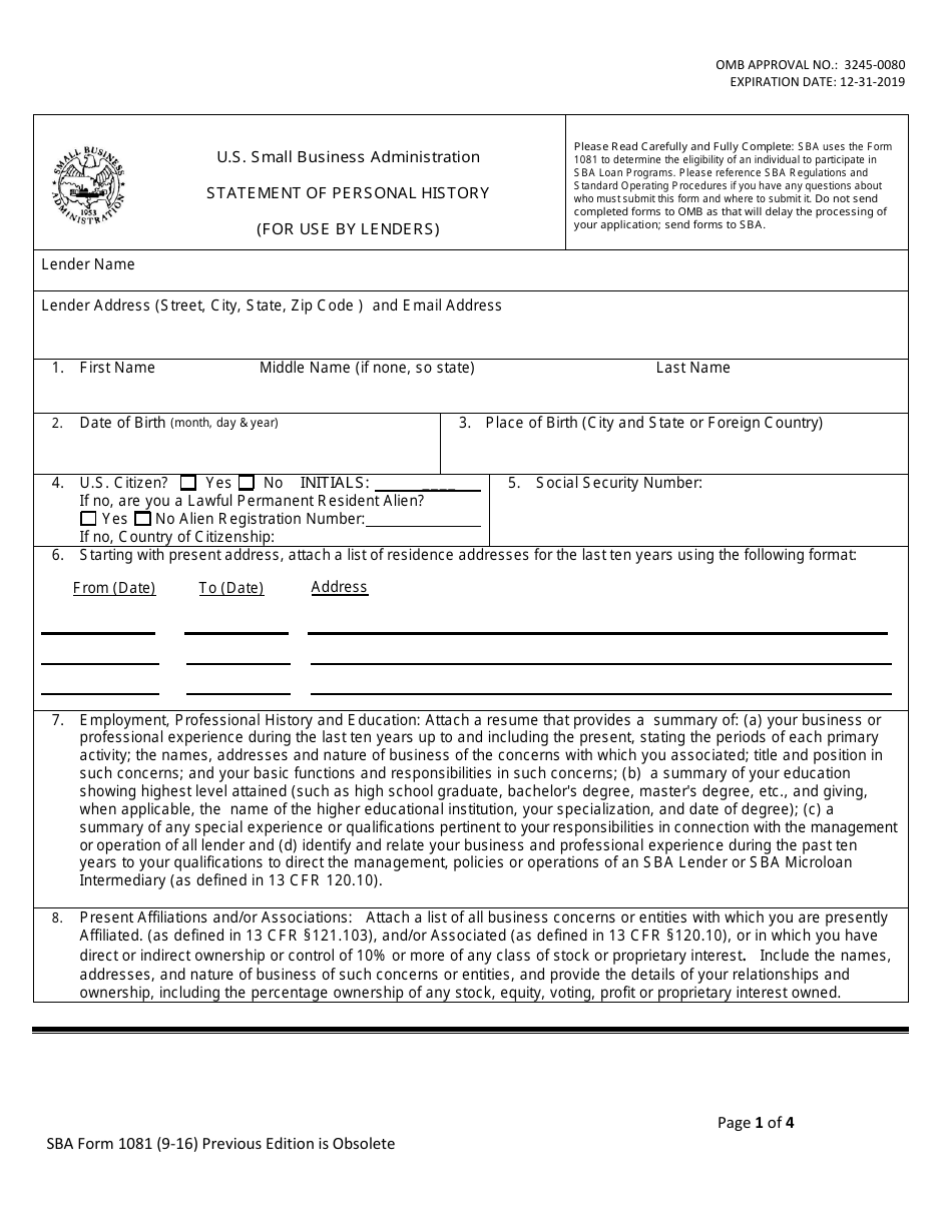 SBA Form 1081 Statement of Personal History (For Use by Lenders), Page 1
