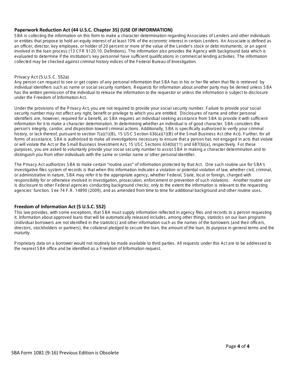SBA Form 1081 Statement of Personal History (For Use by Lenders), Page 4