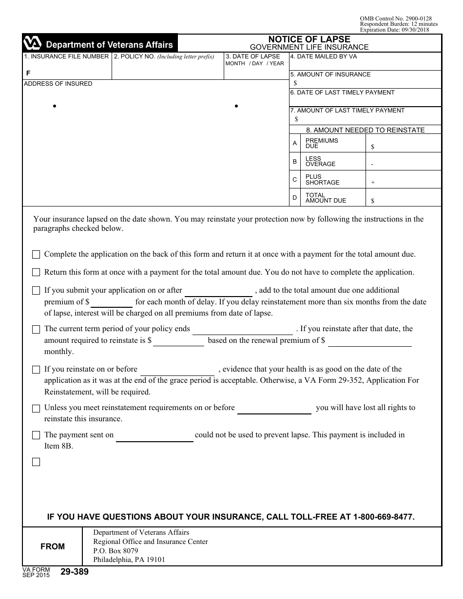 VA Form 29-389 Notice of Lapse, Page 1