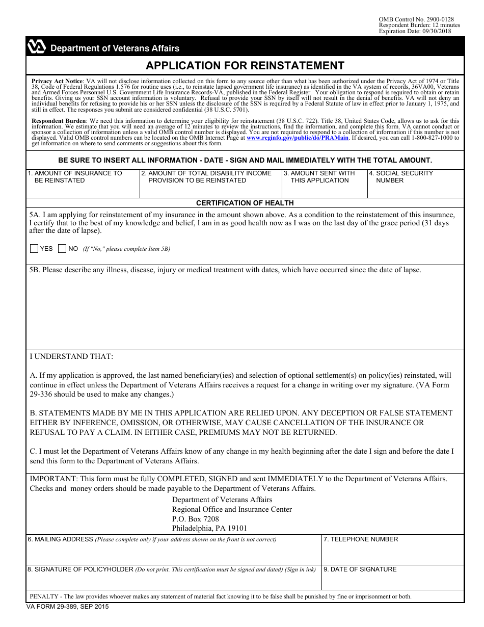 VA Form 29-389 Notice of Lapse, Page 2